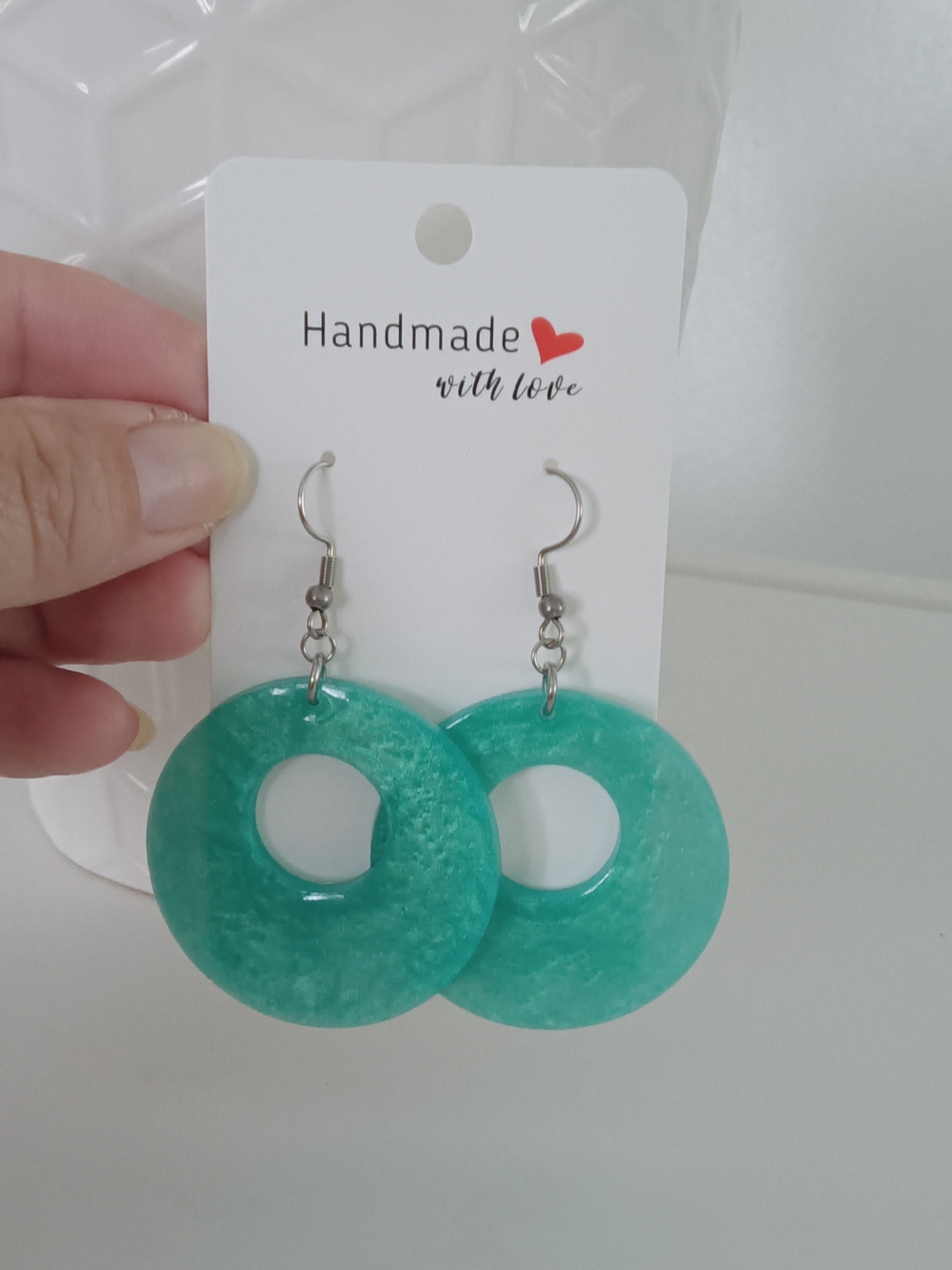 Handmade Turquoise Green Resin Donut Earrings